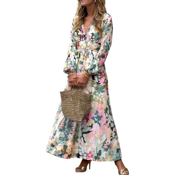 Women's Floral Long Sleeve Maxi Dress V-Neck Boho Fall Wedding Guest - Picture 1 of 6